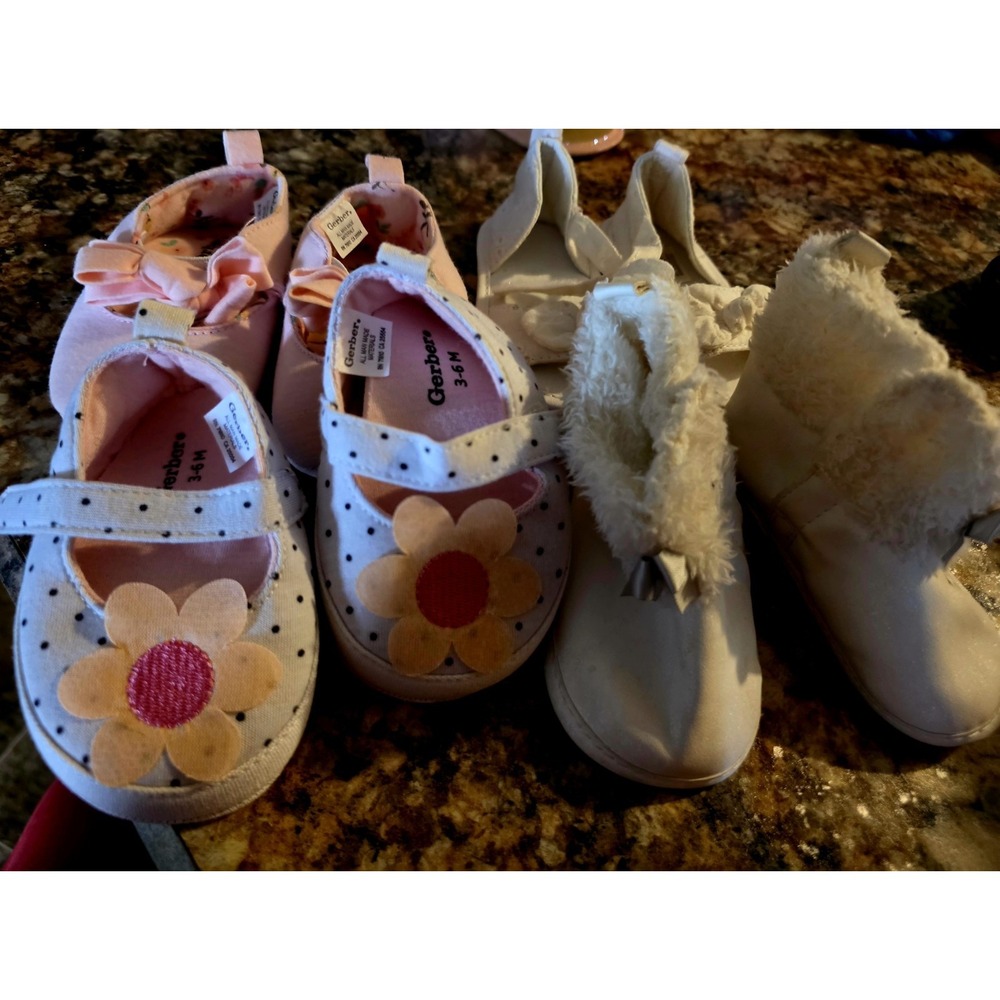Gerber size 3-6 months. Two. Fur trim boots white. Baby girl.  Lot Of 4!